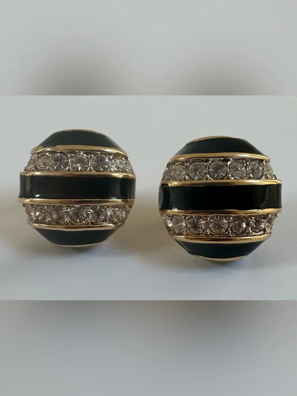 Nina Ricci Rhinestone Gold w/ Black Enamel Round Clip Pierced Earrings